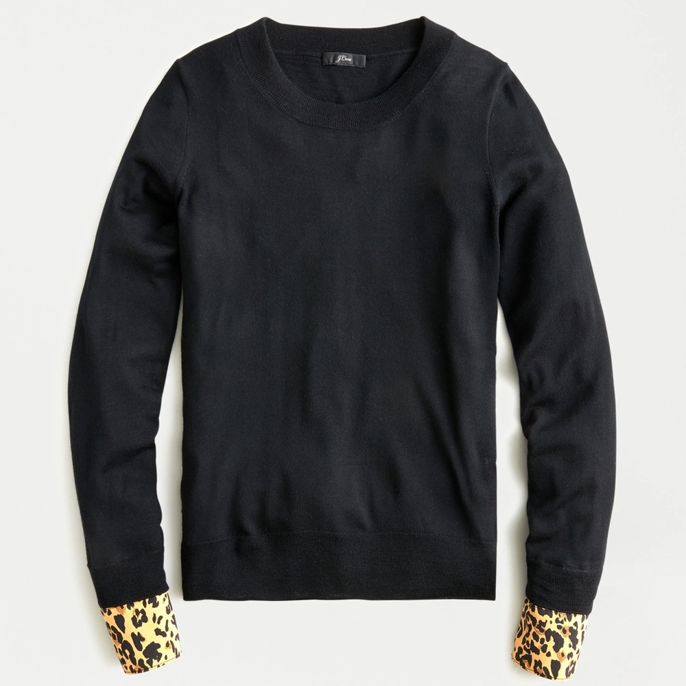 J. Crew Tippi Merino Wool Sweater Women’s Size M Contrast Leopard Cuffs Pullover